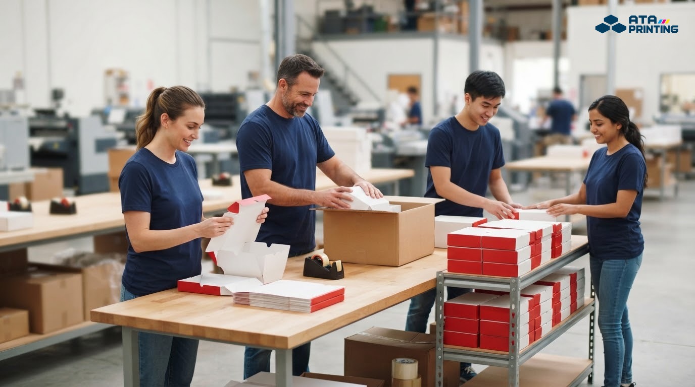 Đội ngũ kiểm tra hộp giấy, đóng gói lô hàng và xếp thành phẩm trong khu sản xuất sạch