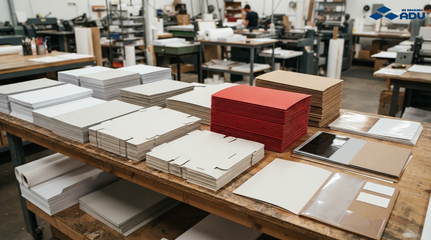 Các lô kẹp file, mẫu giấy và bề mặt cán màng dùng để tính giá in