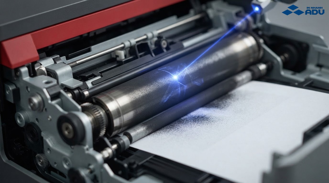 Cận cảnh trống từ và mực bột bên trong máy in laser