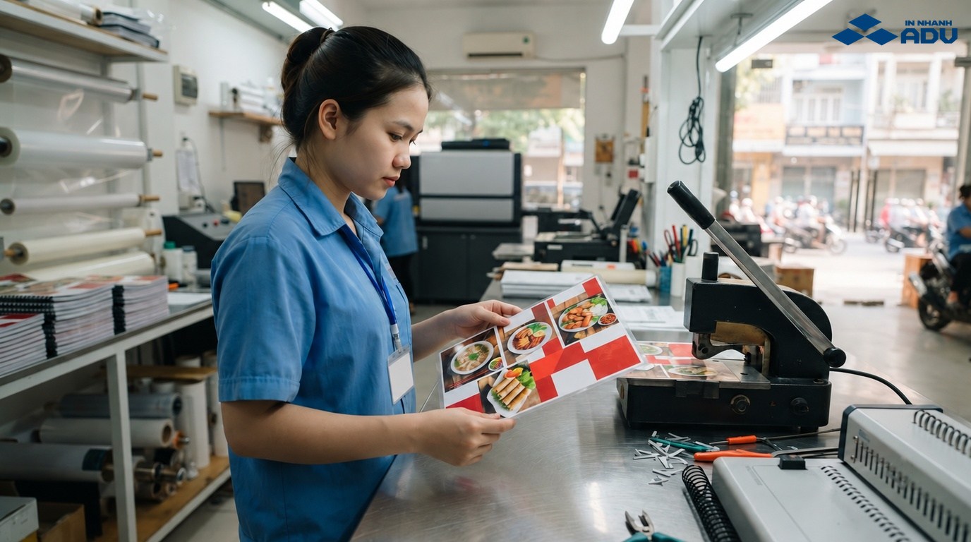 Nhân viên kiểm tra menu nhựa cạnh máy bo góc và đóng lò xo