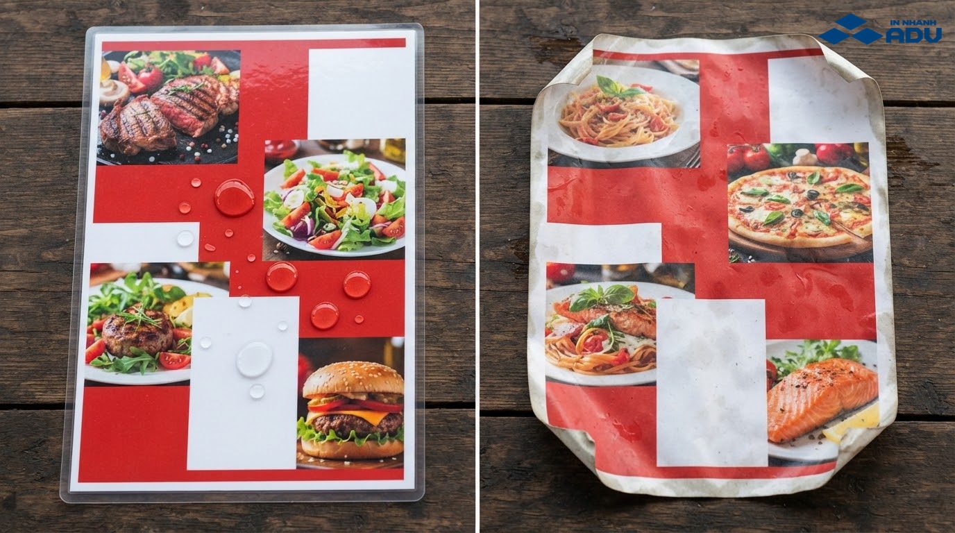 So sánh menu nhựa chống nước và menu giấy bị ẩm cong mép