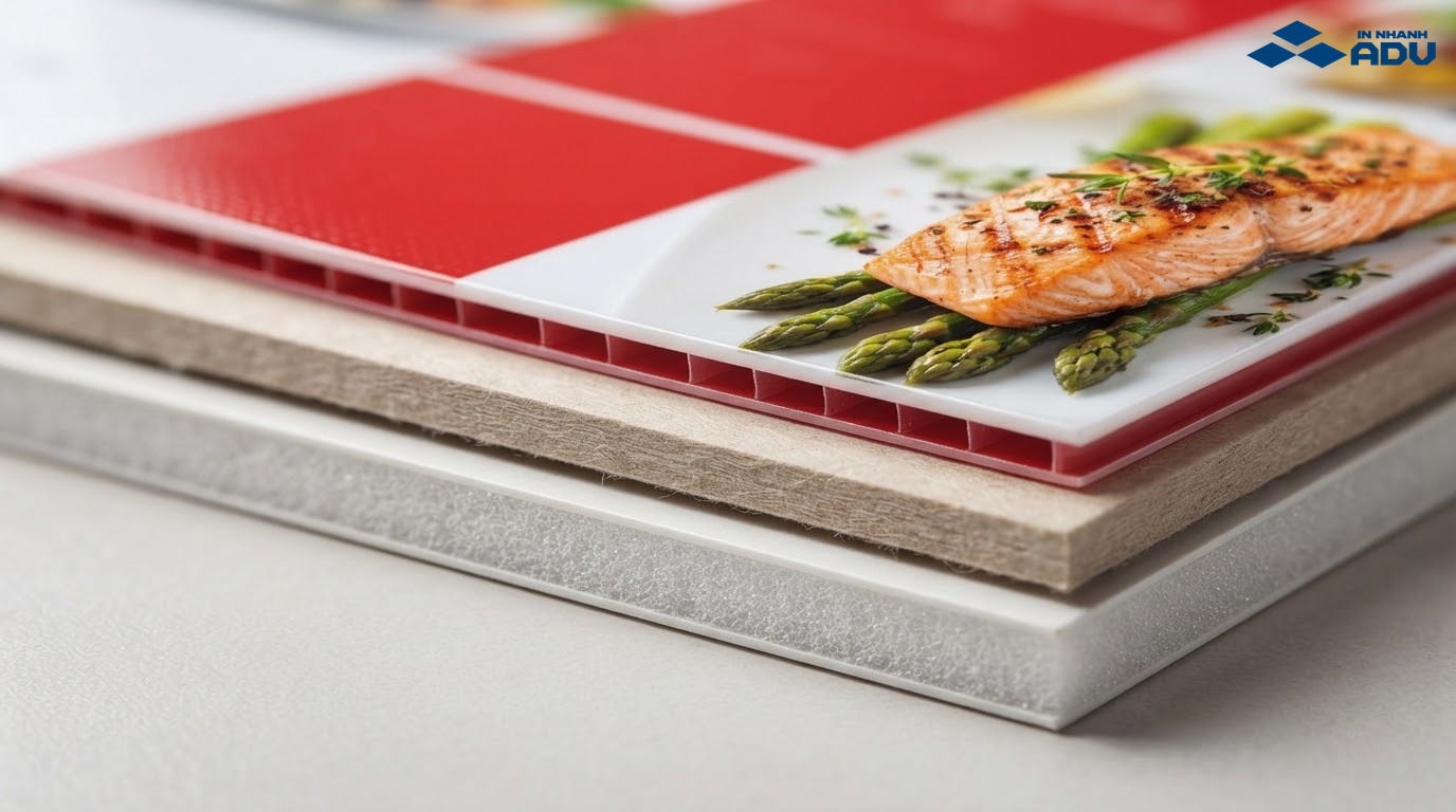 Các lớp nhựa PVC, giấy nhựa tổng hợp và PP bồi formex làm menu
