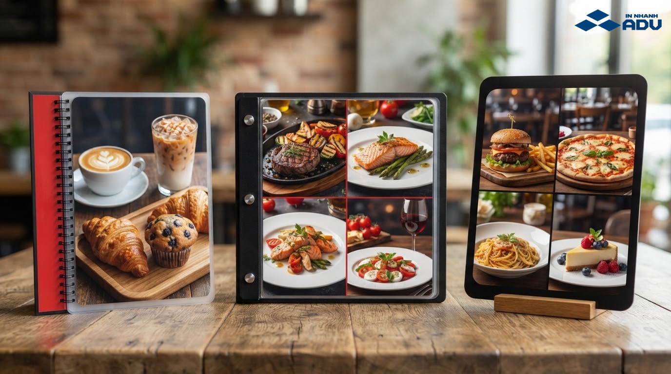 Mẫu menu nhựa lò xo, bìa bắt ốc và bảng tờ đơn bo góc