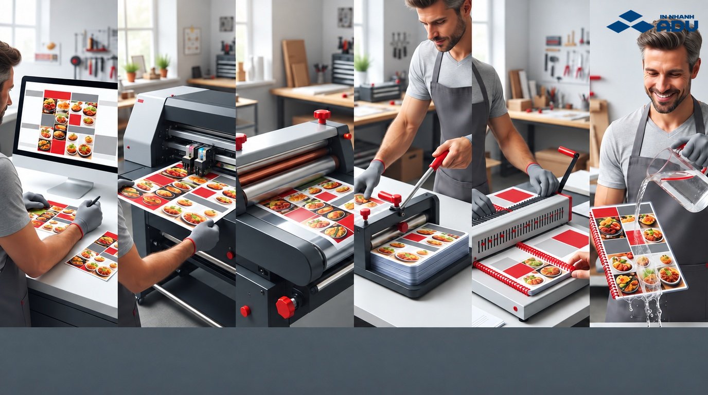 Quy trình thiết kế, in, cán, cắt, đóng gáy và kiểm tra menu nhựa
