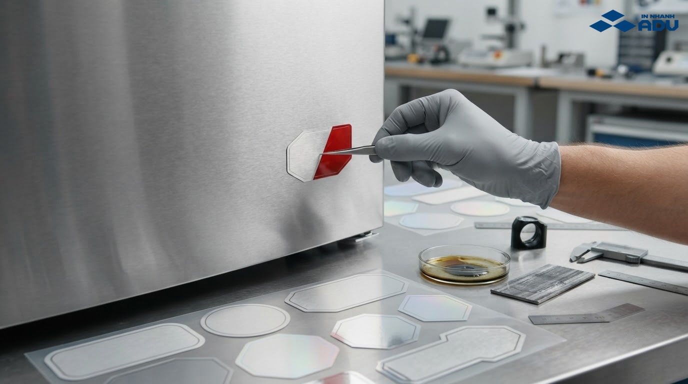 Nhãn decal bạc xước và hologram được dán trên bề mặt thiết bị kim loại
