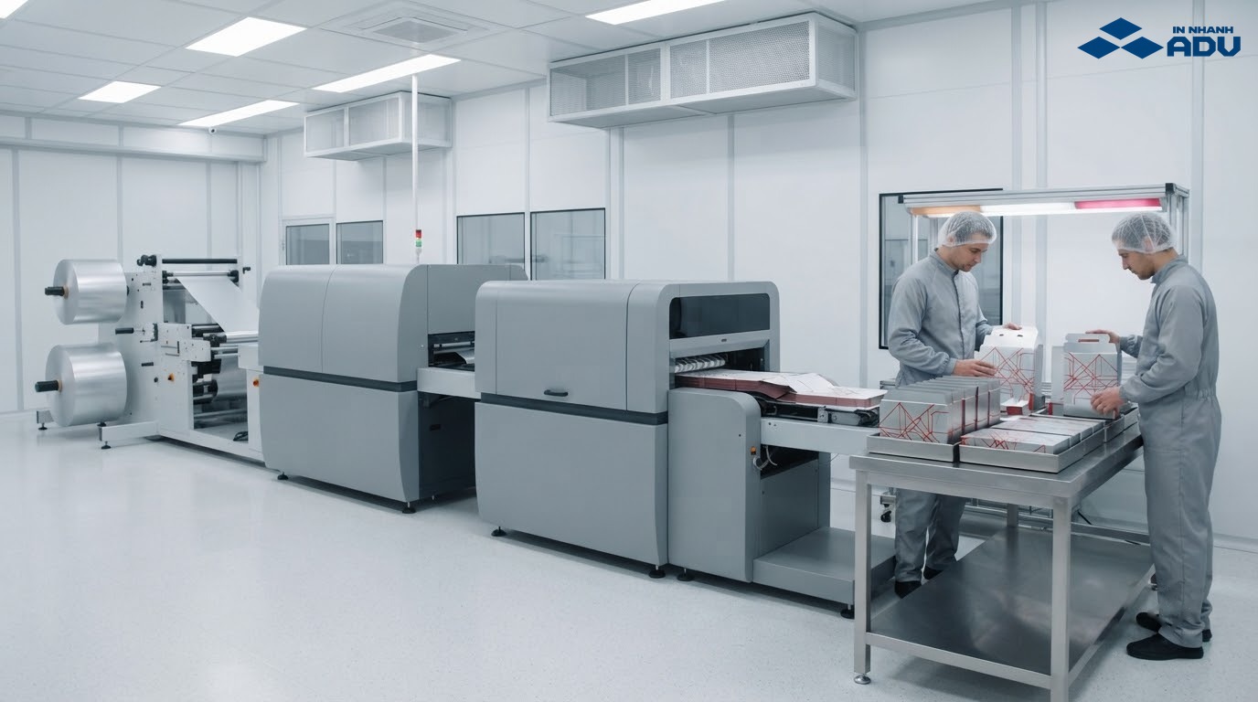 Xưởng cán màng, in UV và kiểm tra hộp metalize thành phẩm