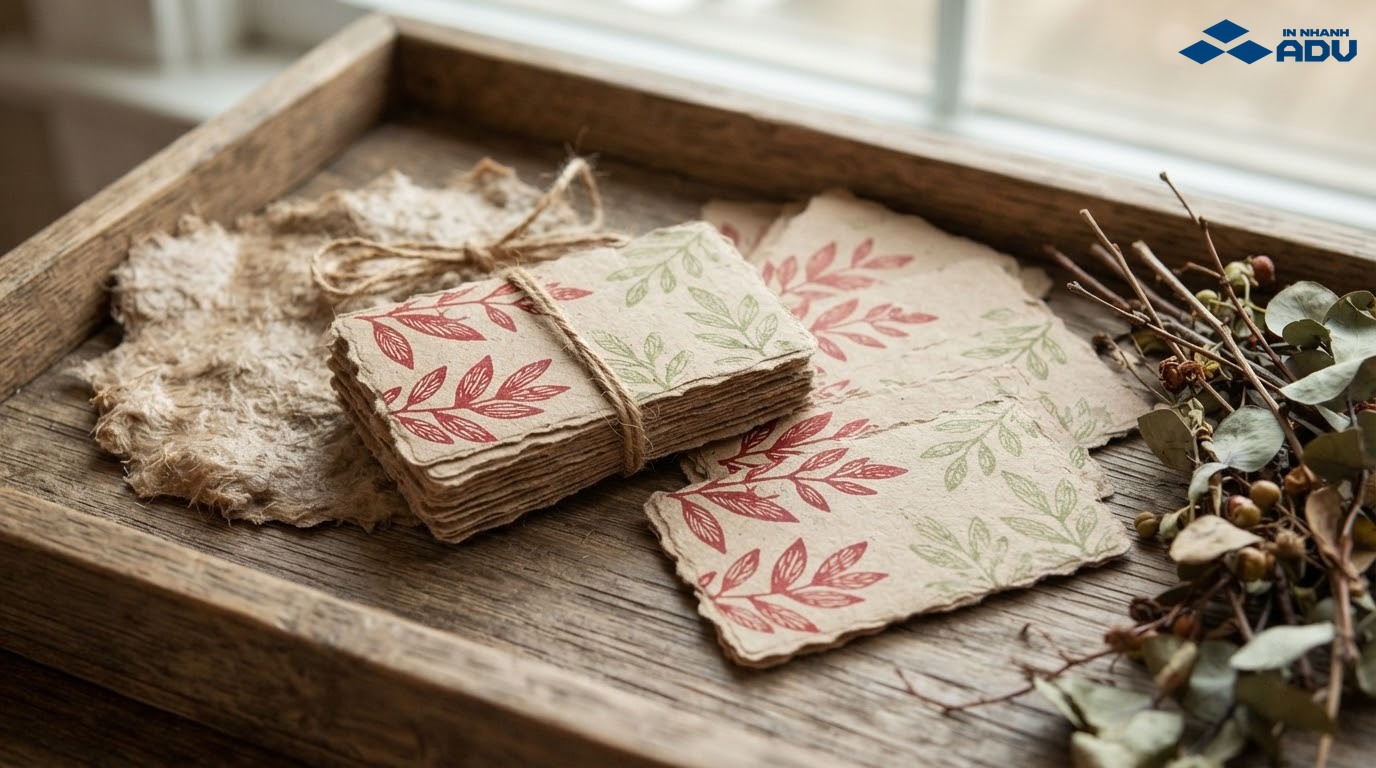 Name card giấy tái chế màu kraft đặt cạnh vật liệu thiên nhiên
