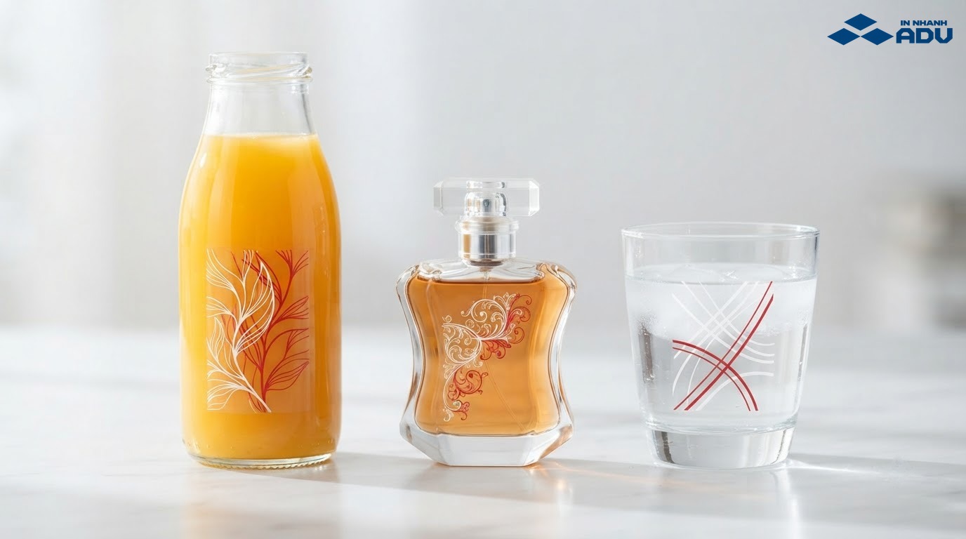 Nhãn decal nhựa trong trên chai thủy tinh và ly nước
