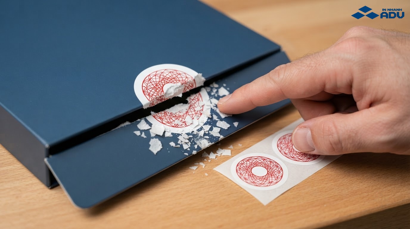 Tem vỡ niêm phong bị tách thành mảnh nhỏ trên hộp thiết bị