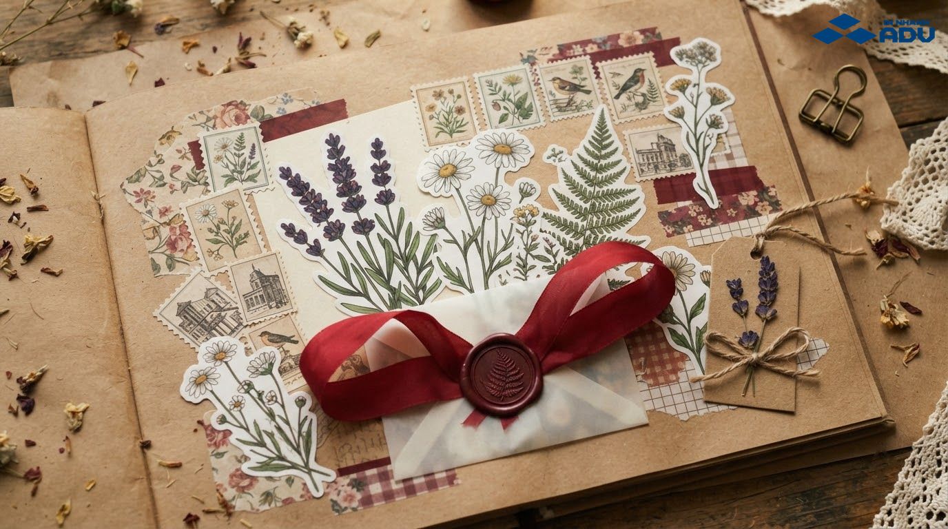 Nhãn dán vintage trên giấy kraft với hoa cỏ và tem thư