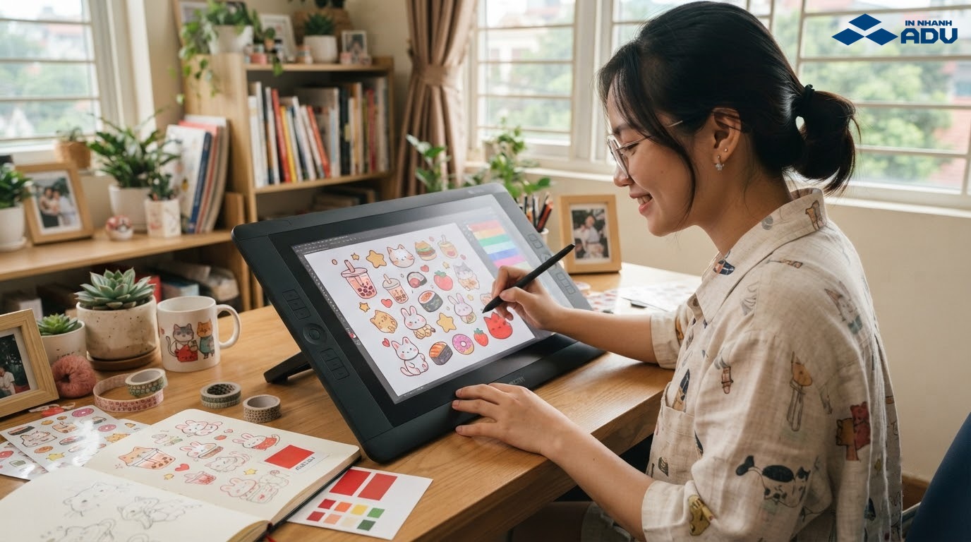 Nhà thiết kế tạo bộ sticker dễ thương trên máy tính