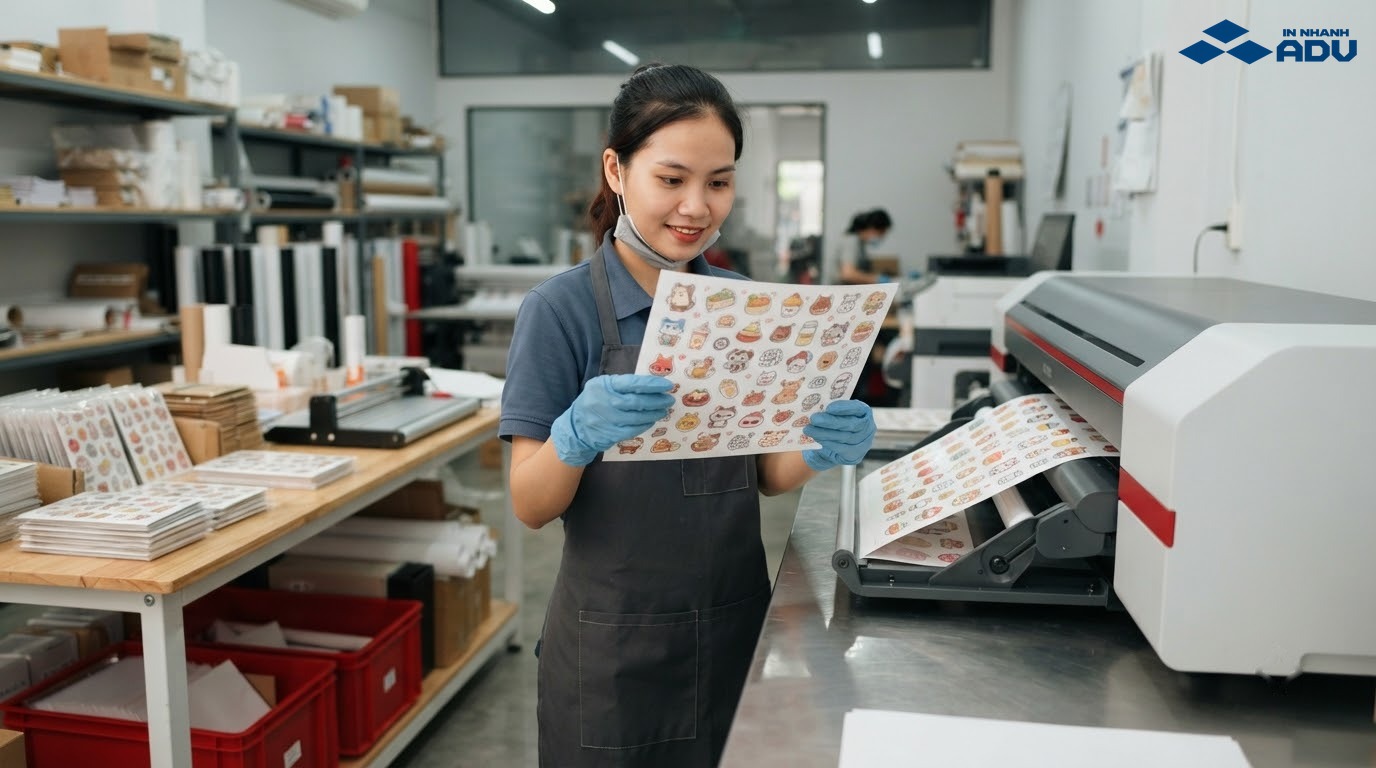Nhân viên kiểm tra tờ sticker cute tại xưởng in