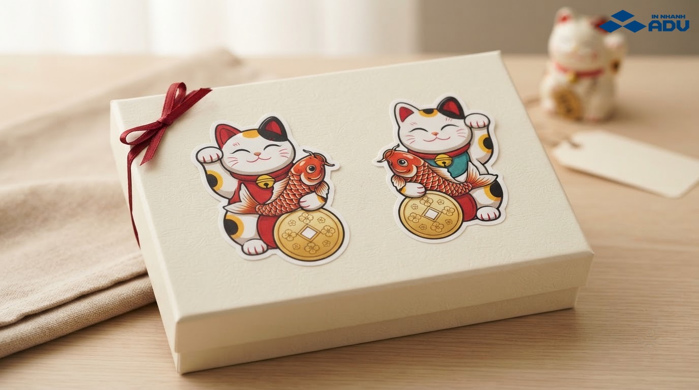 Nhãn dán mèo thần tài vẫy tay với cá chép và đồng xu trang trí