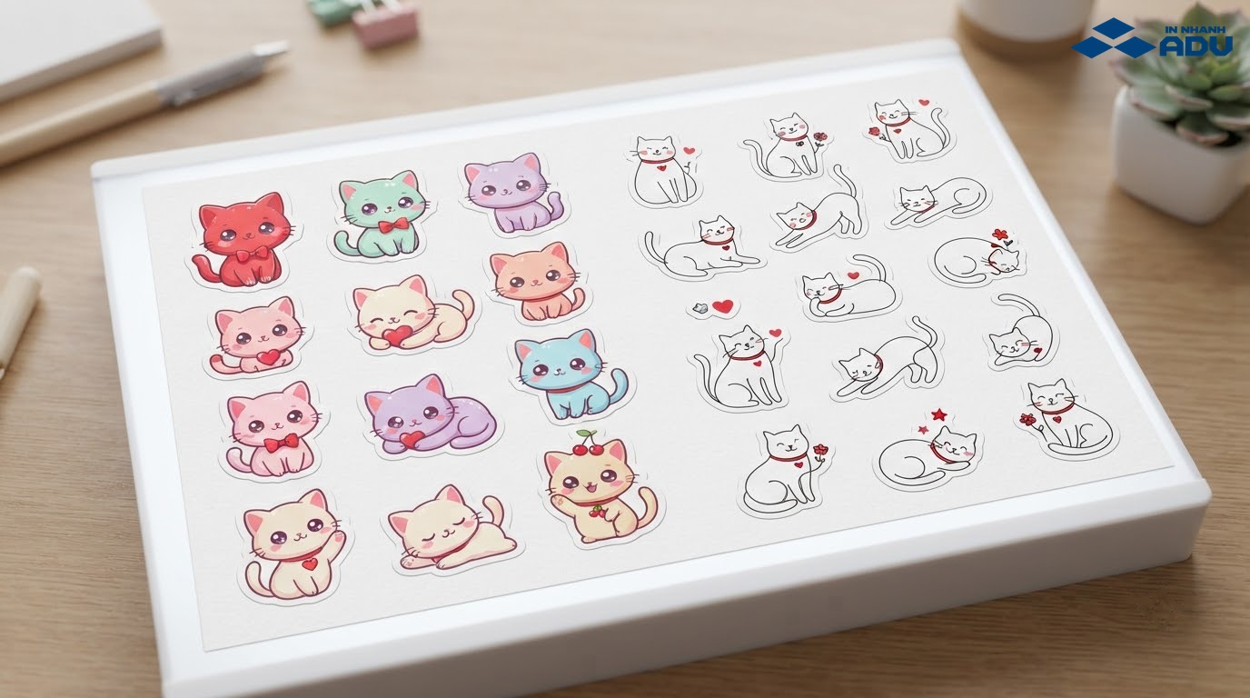 Sticker mèo chibi và mèo doodle nét đơn giản trên tờ nhãn