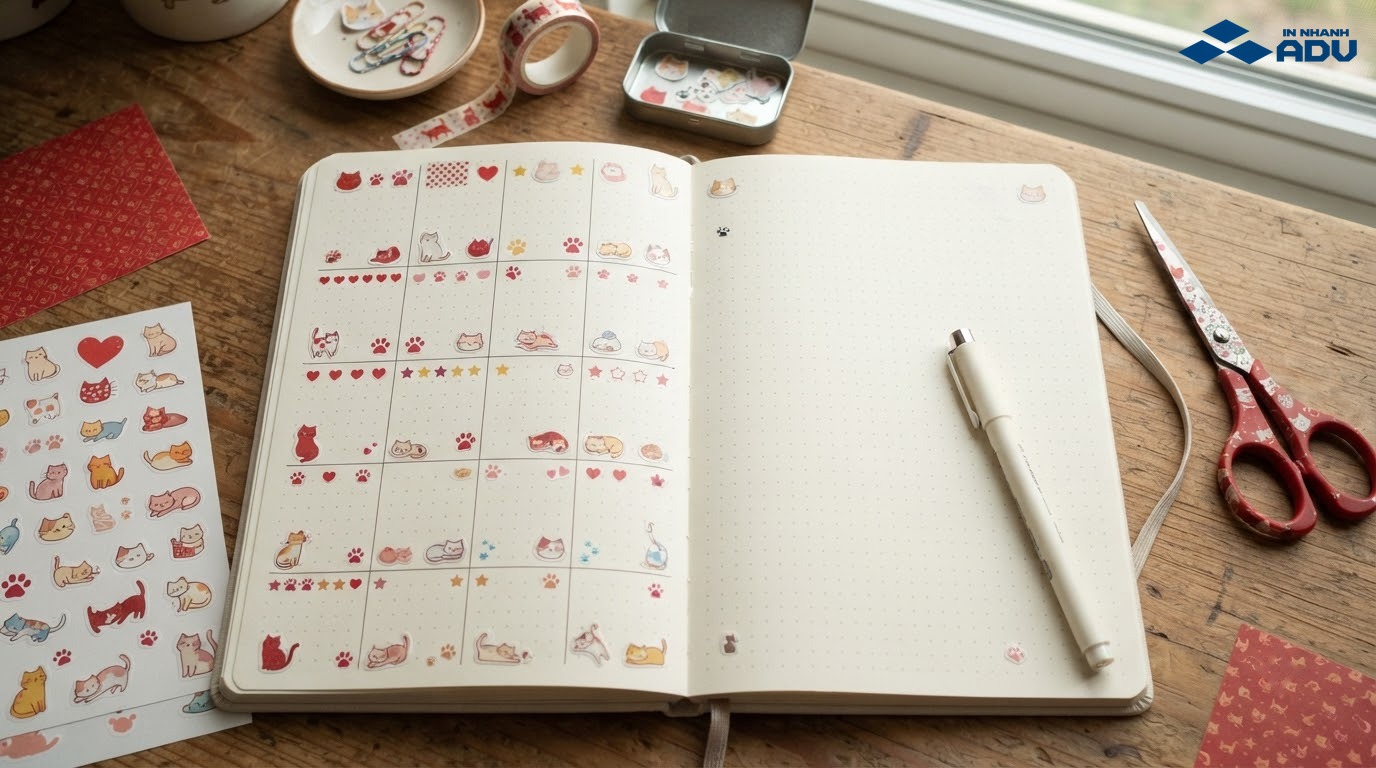 Sticker mèo mini trang trí sổ tay và đồ thủ công trên bàn làm việc