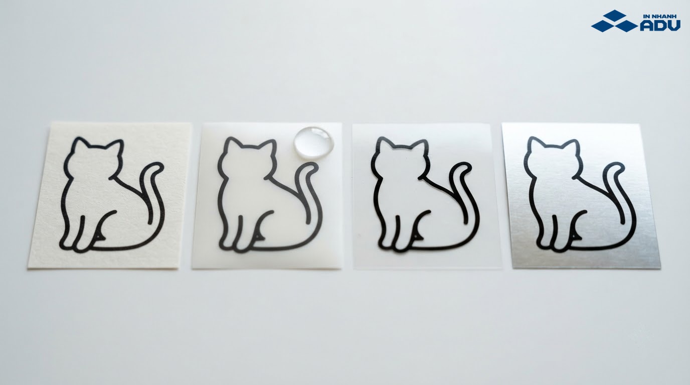 Mẫu sticker mèo trên decal giấy, decal nhựa sữa, trong suốt và ánh bạc
