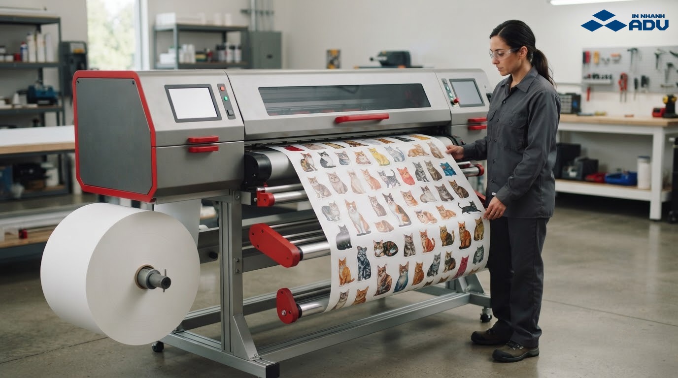 Máy in kỹ thuật số tạo tờ sticker mèo nhiều màu trong xưởng