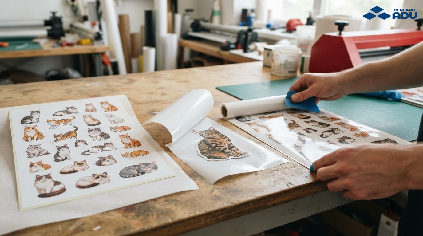 Tờ sticker mèo được bế demi, cắt rời và phủ màng bảo vệ