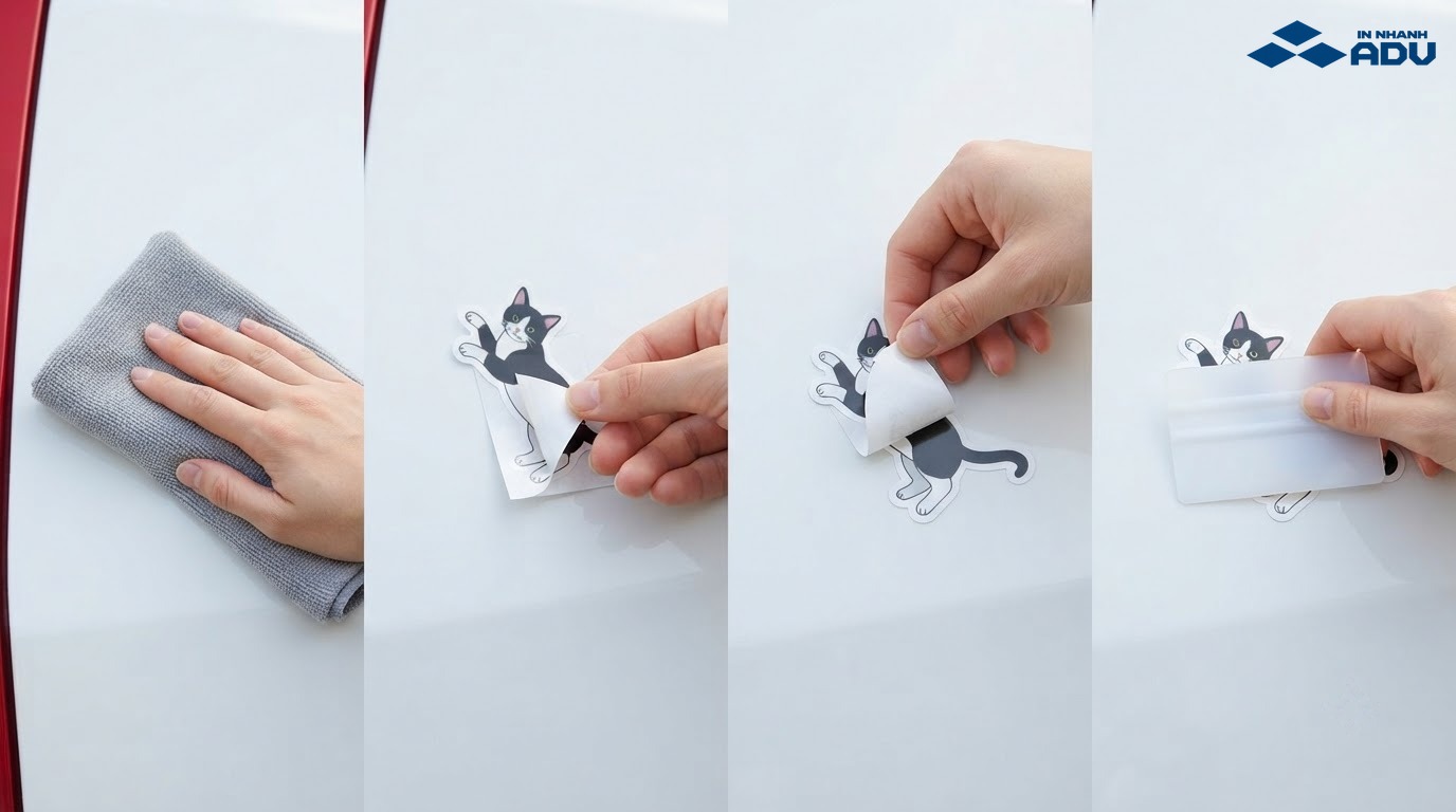 Bàn tay miết sticker mèo lên bề mặt sạch để loại bỏ bọt khí