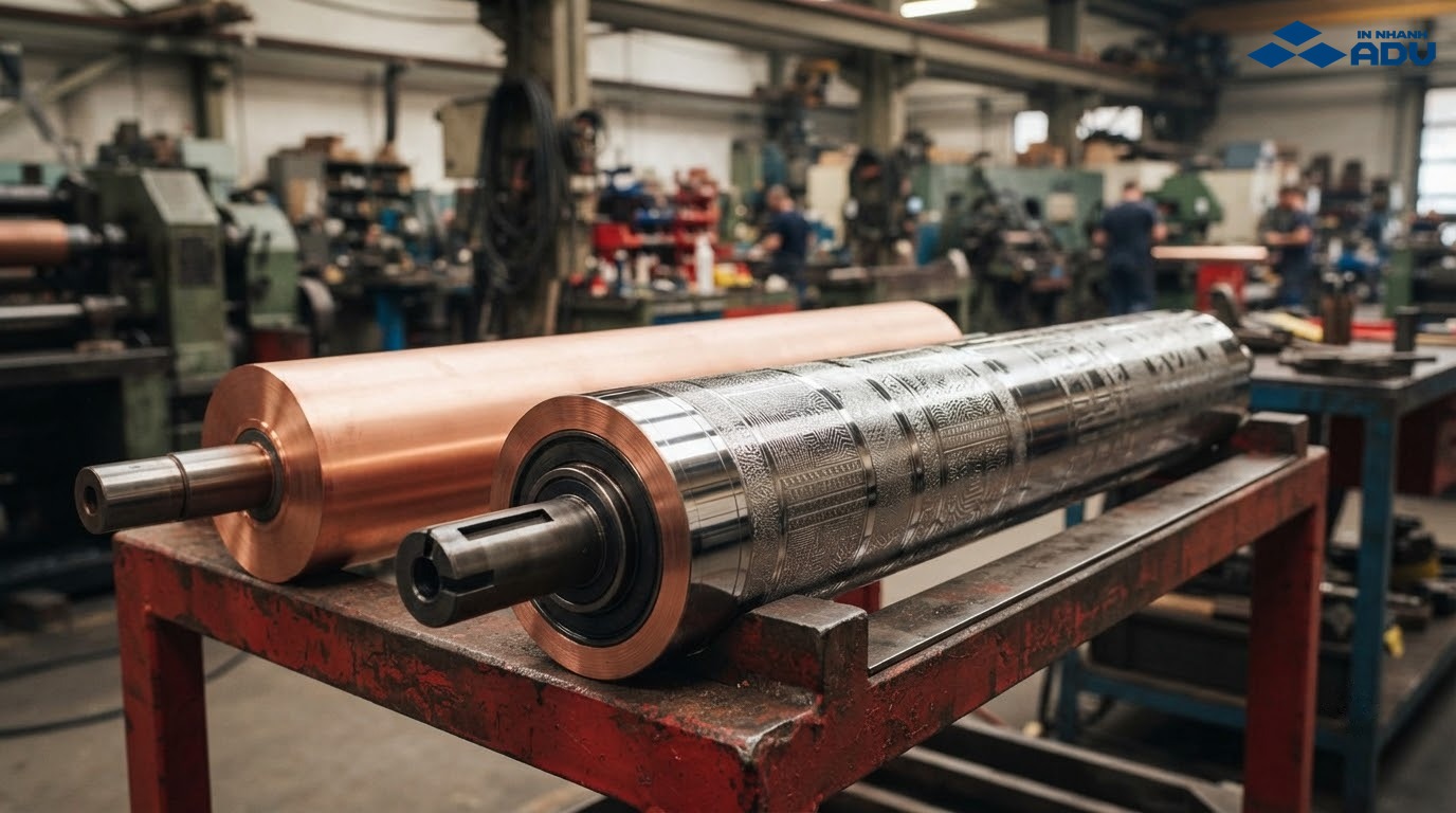 Trục in ống đồng hoàn thiện và phôi trục mạ đồng trong xưởng chế bản