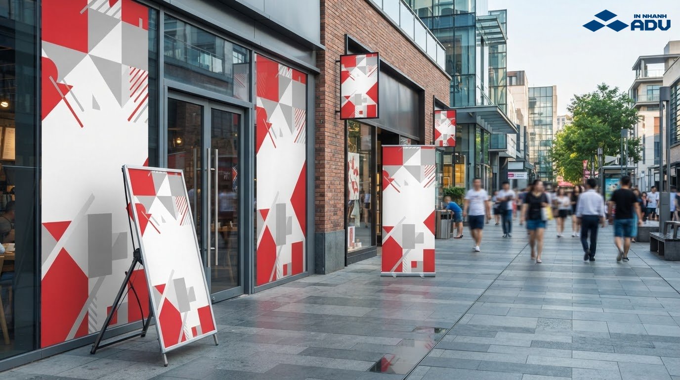 Các ứng dụng PP ngoài trời gồm banner, standee, dán kính và bảng cứng