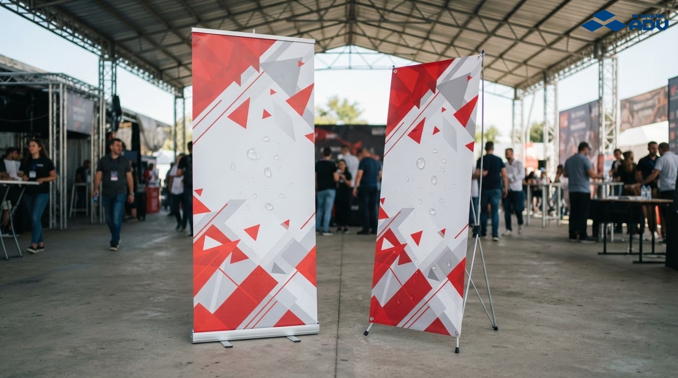 Banner cuốn và standee chữ X in PP tại khu vực sự kiện ngoài trời
