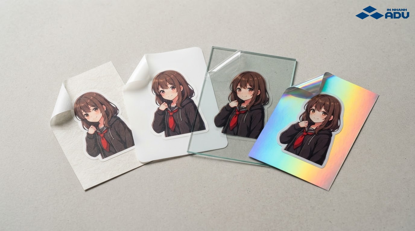 Mẫu sticker anime trên decal giấy, nhựa sữa, nhựa trong và màng hologram