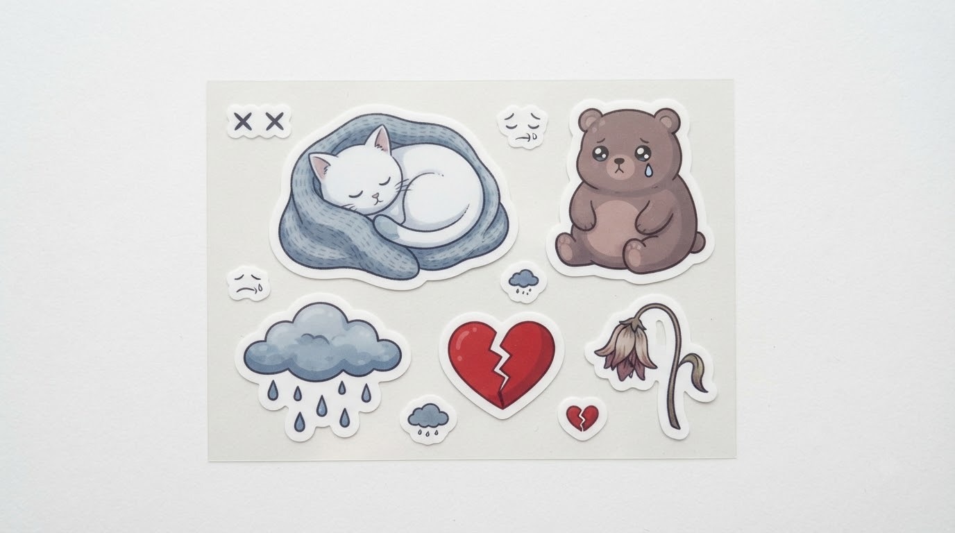 Bộ sưu tập sticker buồn với nhân vật và biểu tượng cảm xúc nguyên bản