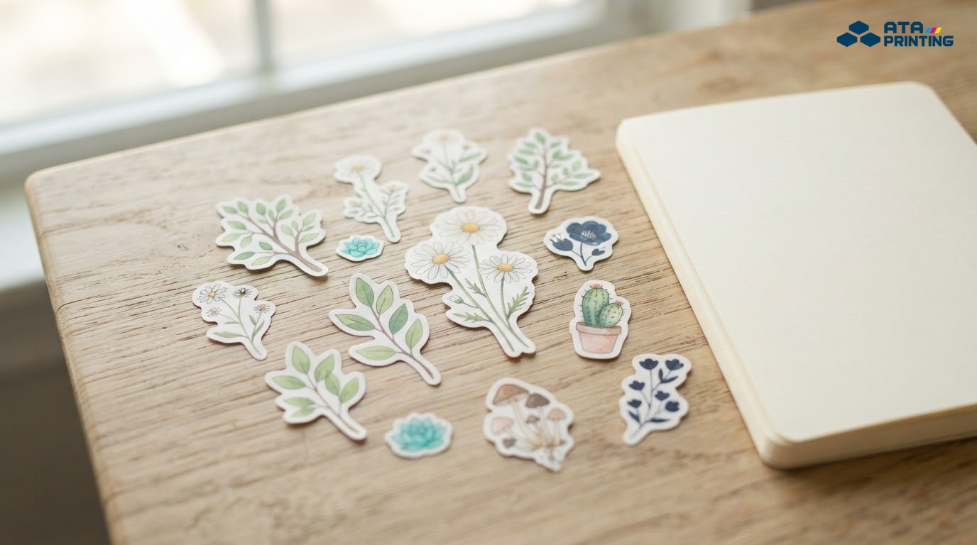 Sticker hoa lá, cây xanh và nấm nhỏ theo phong cách dễ thương