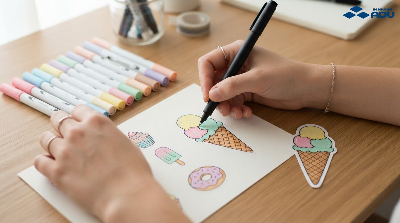 Đi nét đậm và tô màu đều cho mẫu sticker đồ ăn