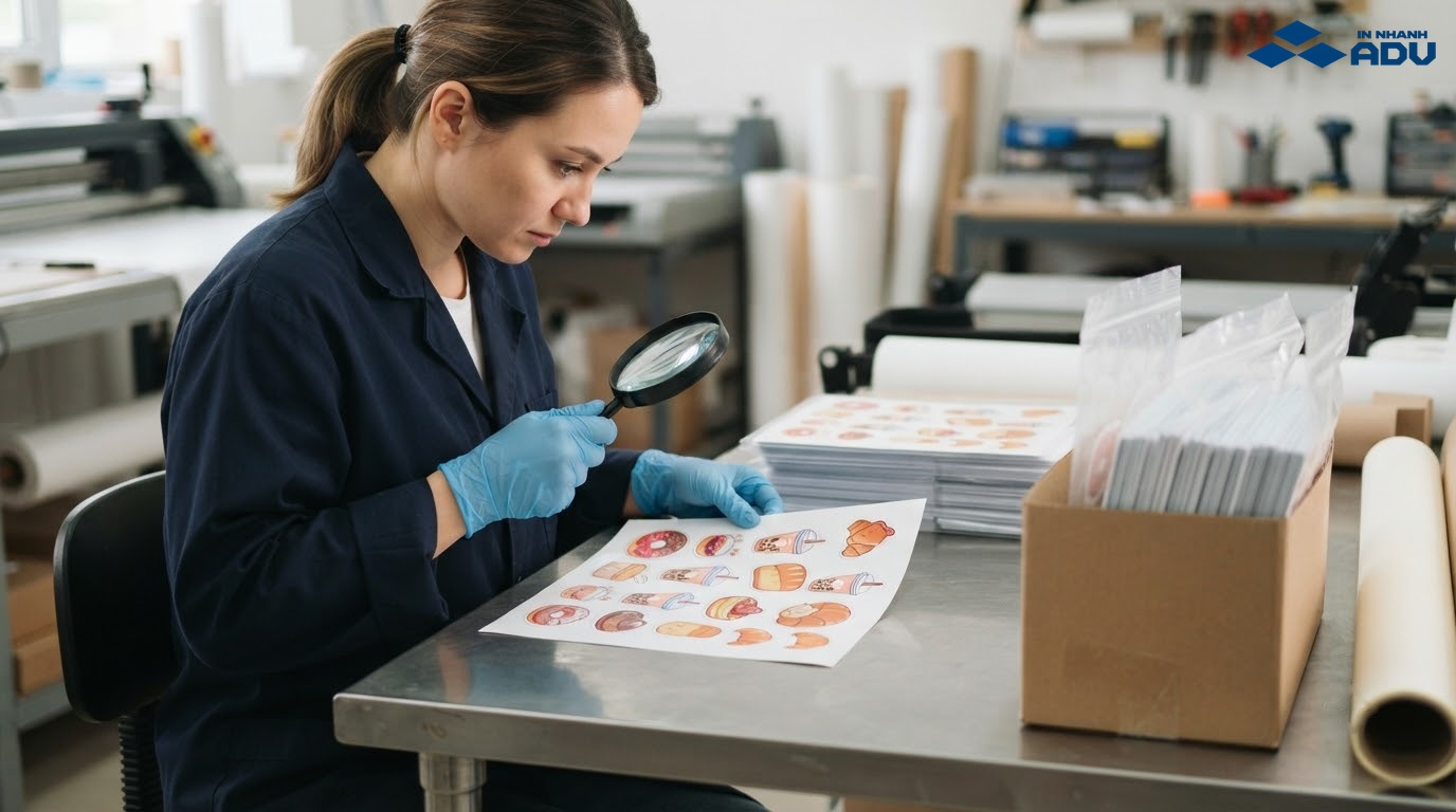 Kiểm tra sticker đồ ăn thành phẩm trước khi đóng gói