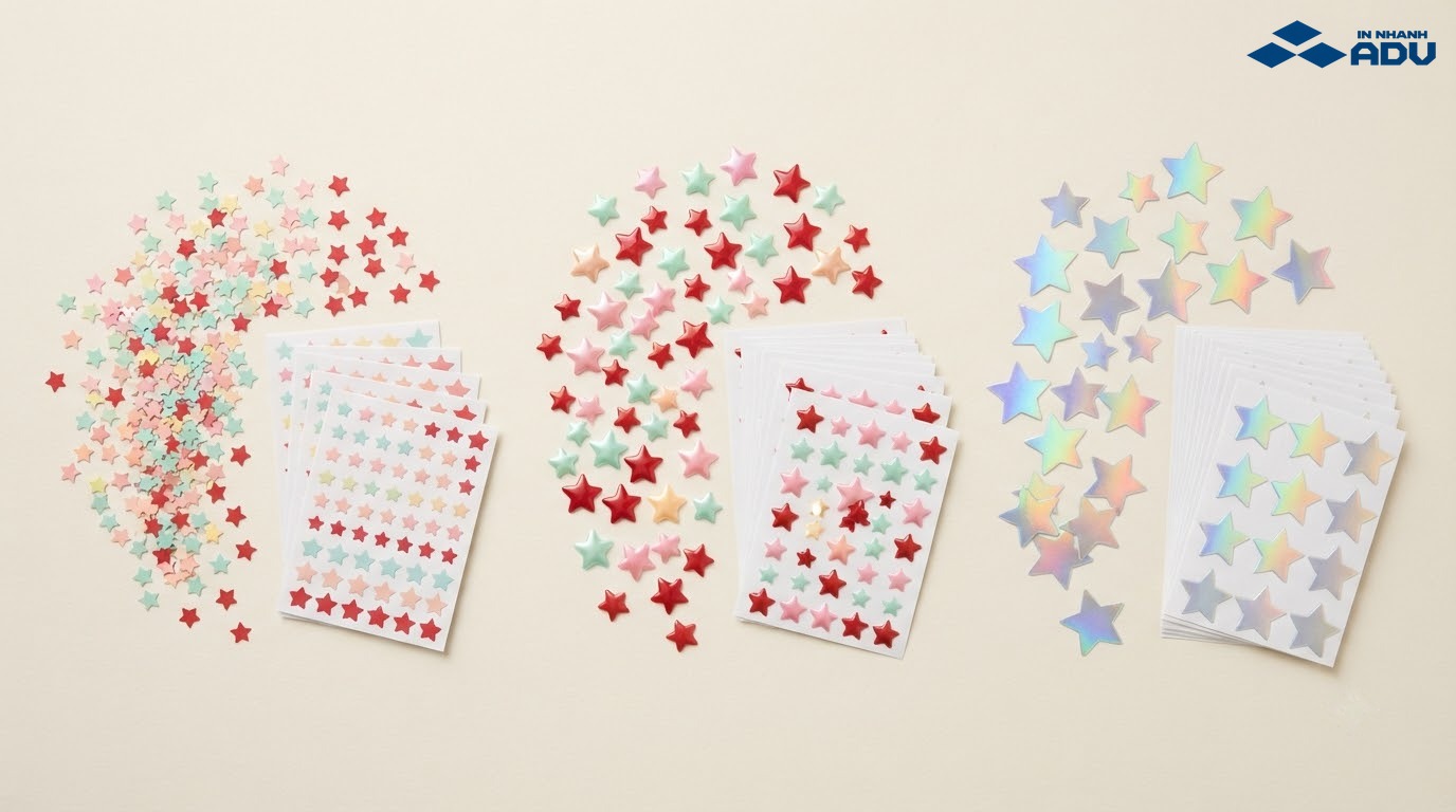 Các nhóm sticker ngôi sao khác nhau về kích thước, chất liệu và số lượng