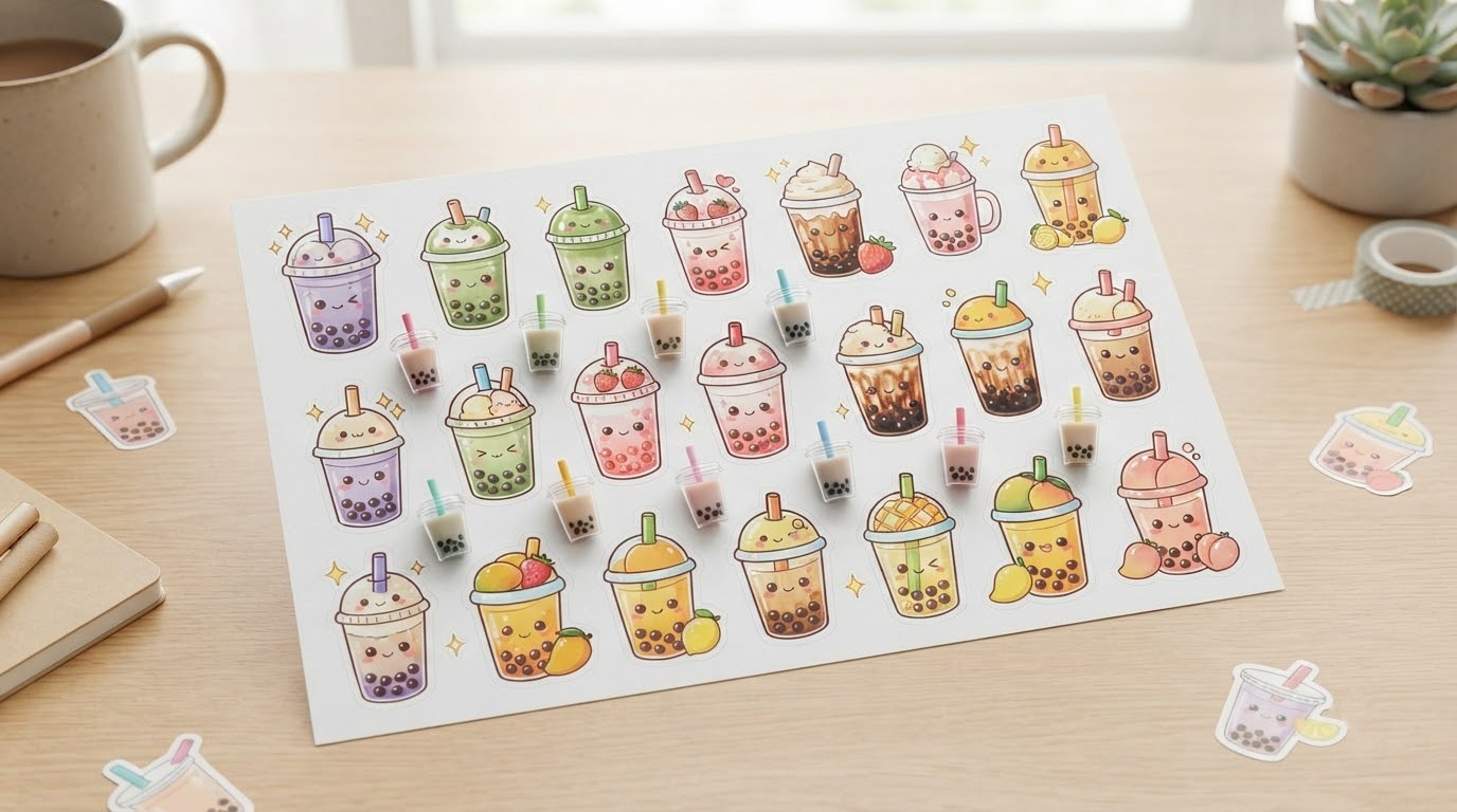 Bộ sticker trà sữa phong cách chibi nhiều màu sắc trên nền xanh teal
