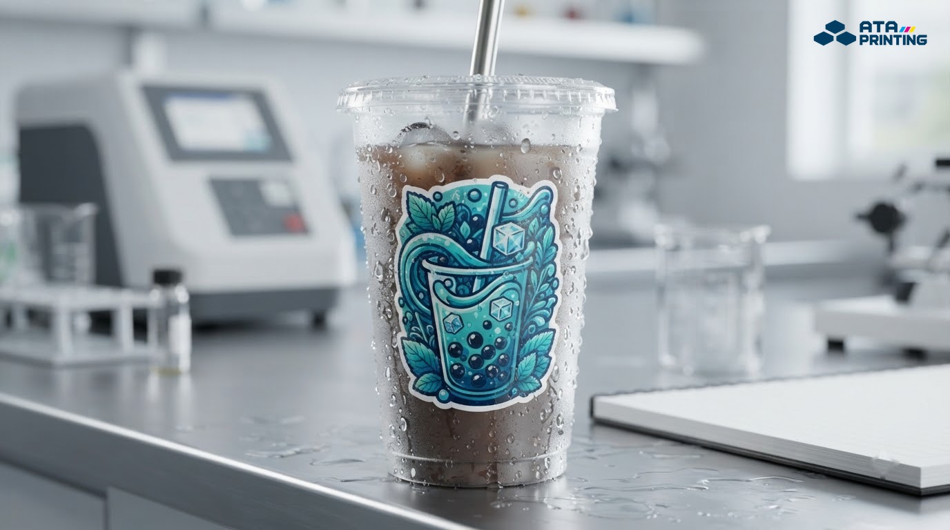 Sticker trà sữa bằng decal nhựa chống nước đặt cạnh ly đồ uống lạnh