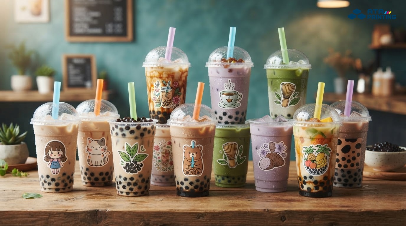 Sticker trà sữa thành phẩm được dán phẳng trên ly nhựa đựng đồ uống lạnh