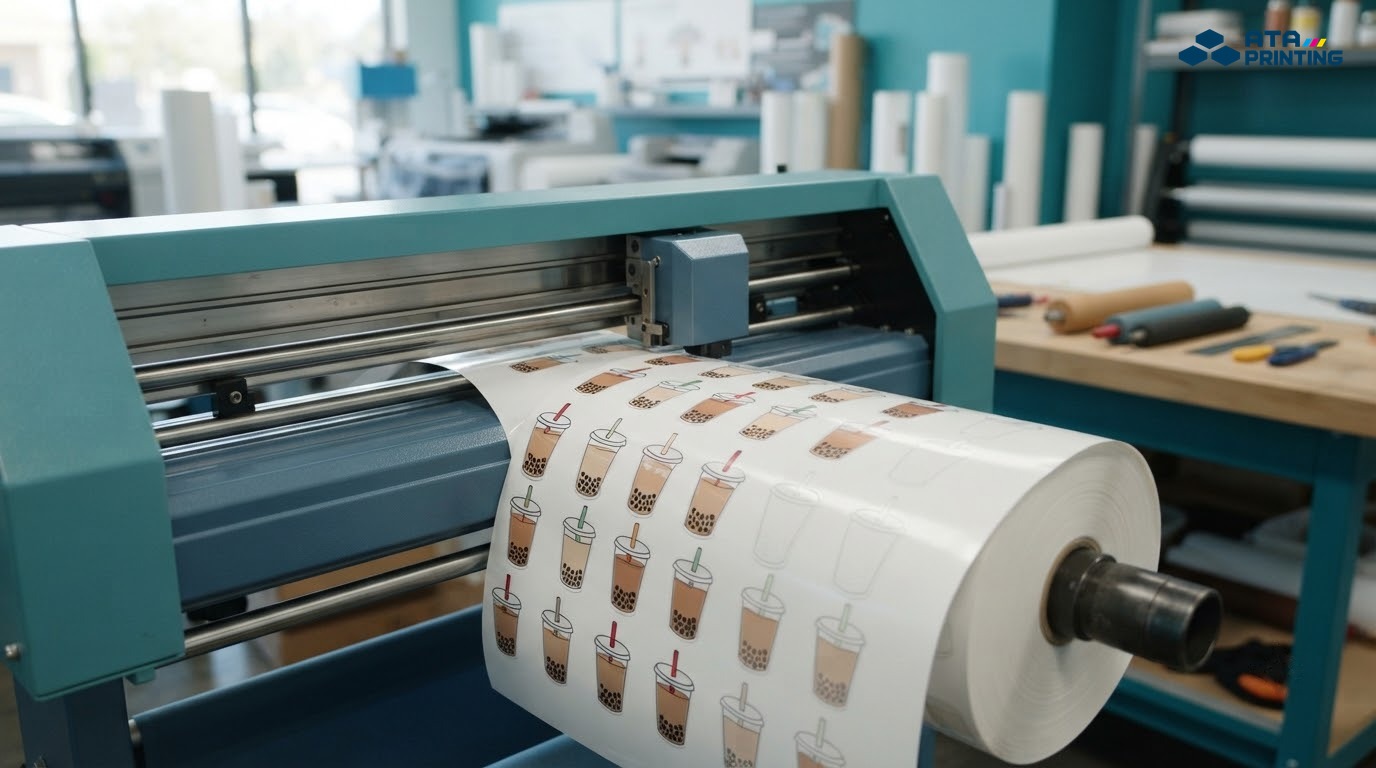 Công đoạn bế demi tạo đường cắt quanh từng mẫu sticker trà sữa