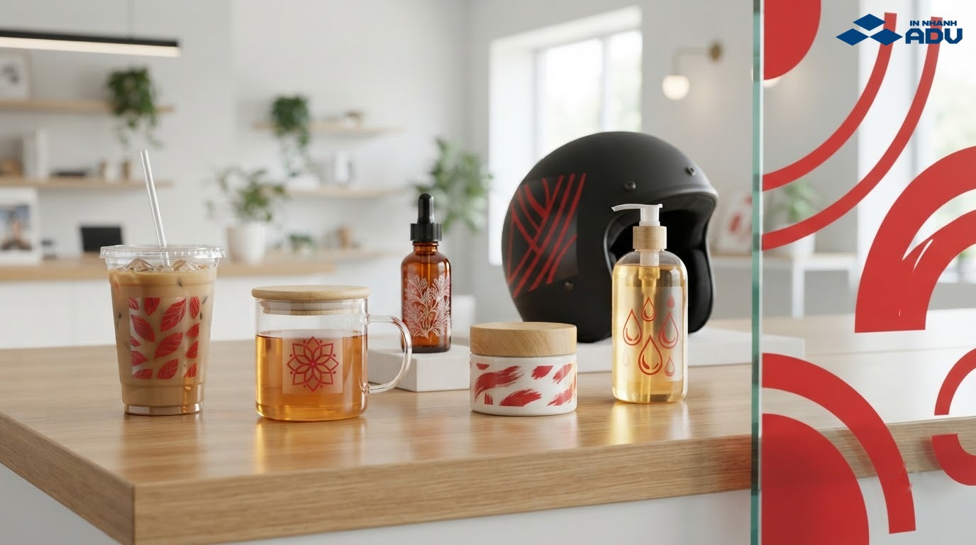 Tem trong suốt trên ly đồ uống, chai mỹ phẩm, mũ bảo hiểm và kính
