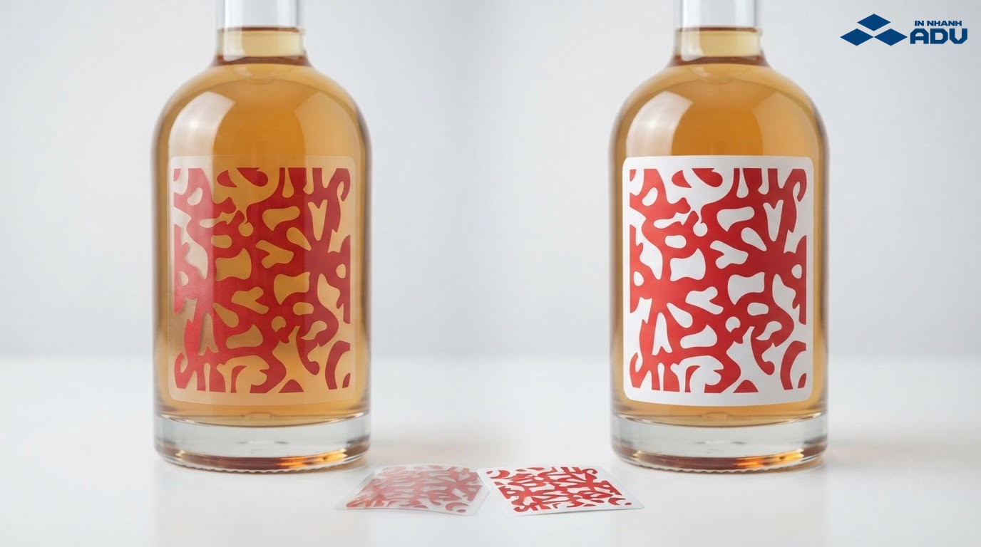 Hai chai minh họa khác biệt giữa sticker trong suốt và decal sữa