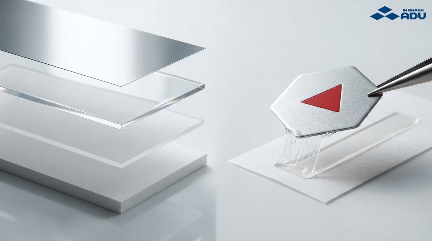 Cấu tạo màng PET mạ nhôm, keo acrylic, lớp silicon và giấy đế của tem bạc