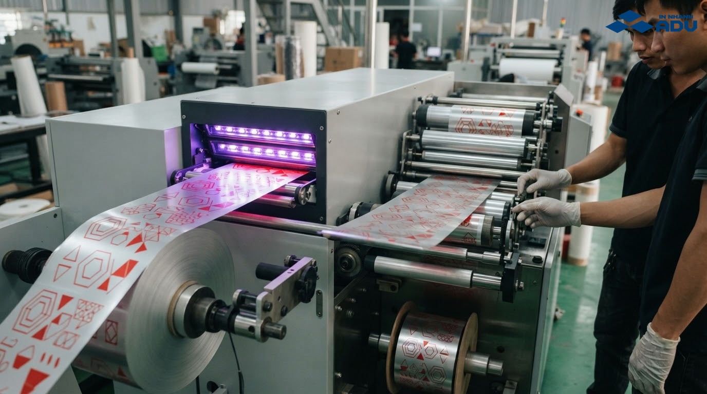 Dây chuyền in UV, cán màng và bế demi cuộn tem bạc