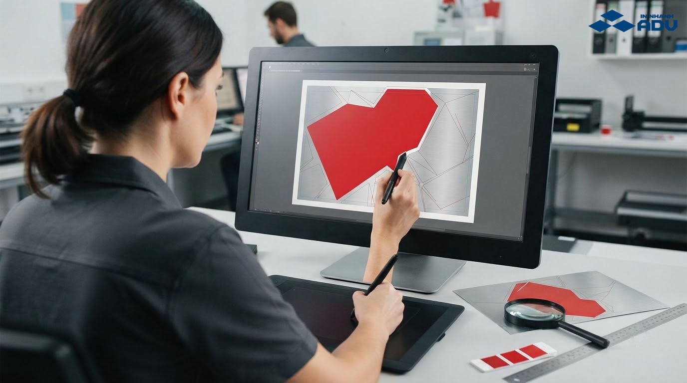 Kỹ thuật viên thiết lập vùng màu, lớp lót trắng và đường bế cho tem bạc