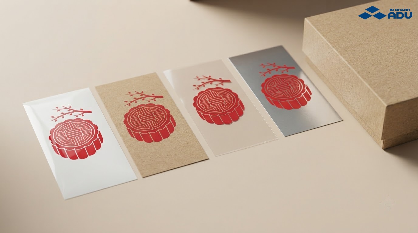 Mẫu decal giấy, nhựa trong, nhựa trắng và ánh kim cho hộp bánh