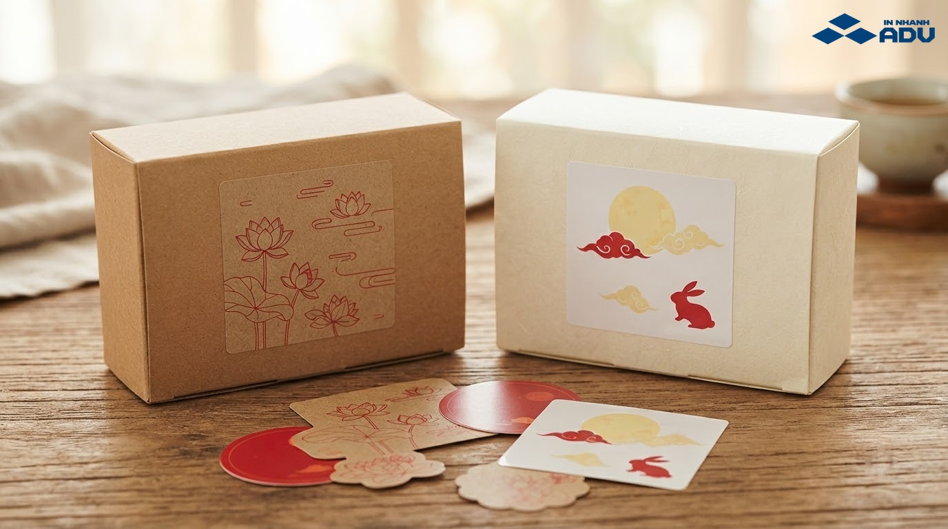 Tem giấy trắng mịn và tem kraft nâu trên hộp bánh trung thu