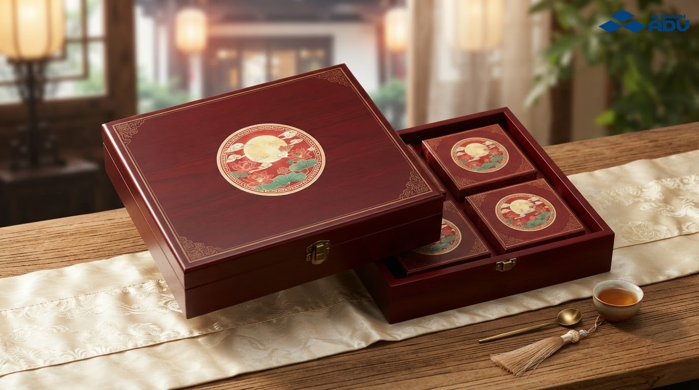 Tem bánh trung thu đỏ vàng với họa tiết trăng, mây và hoa sen