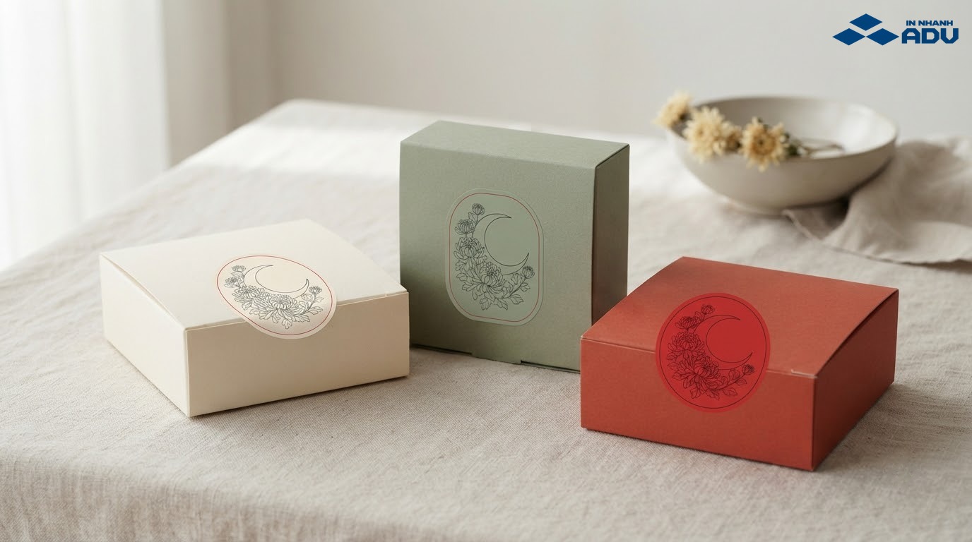 Tem bánh trung thu tối giản với nét trăng và hoa mảnh trên nền sáng