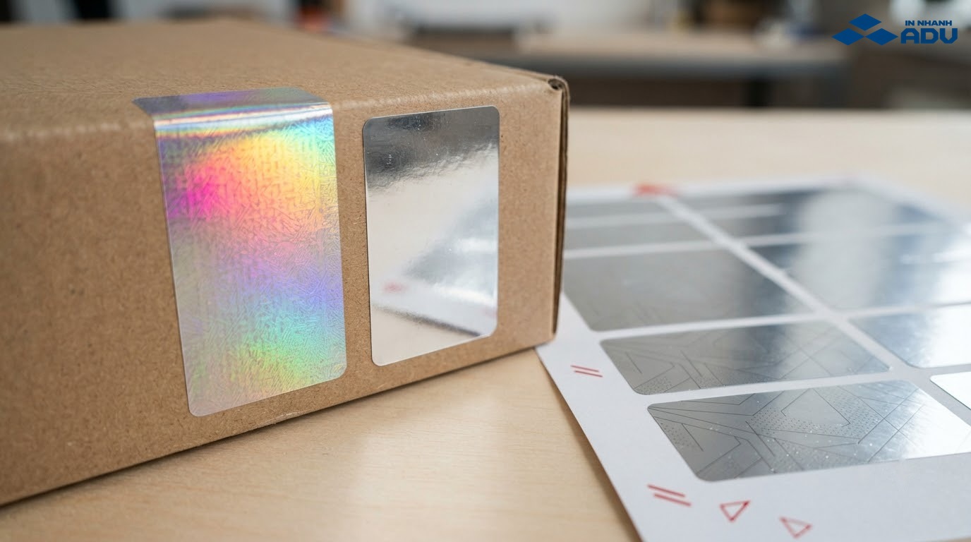 Tem niêm phong hologram óng ánh và tem kim loại trên bao bì mẫu