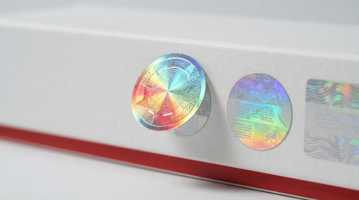 Cận cảnh tem chống giả hologram bảy màu phản chiếu ánh sáng trên hộp sản phẩm