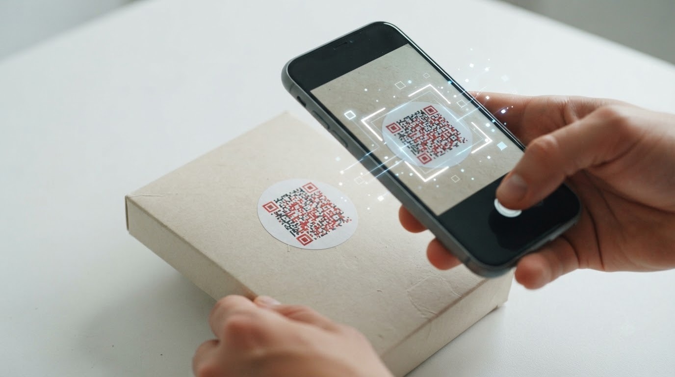 Minh họa dùng điện thoại kiểm tra tem chống giả dạng QR trên bao bì sản phẩm