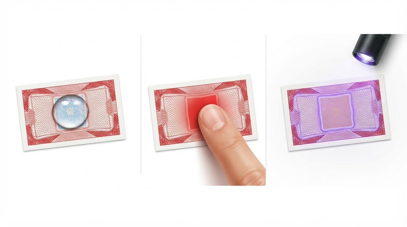 Ba cơ chế minh họa của tem chống giả: phản ứng với nước, nhiệt và đèn UV