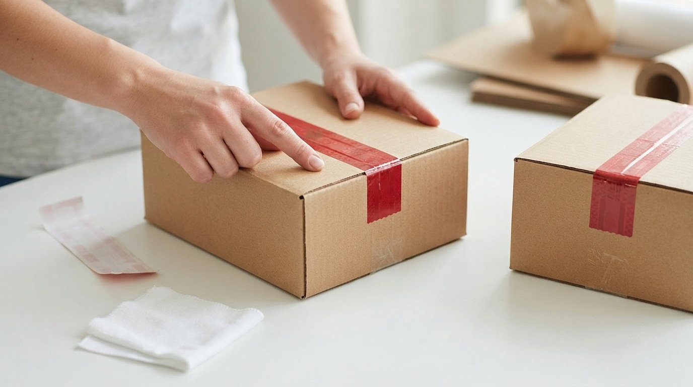 Thao tác làm sạch bề mặt và dán tem chống giả phẳng trên mép hộp